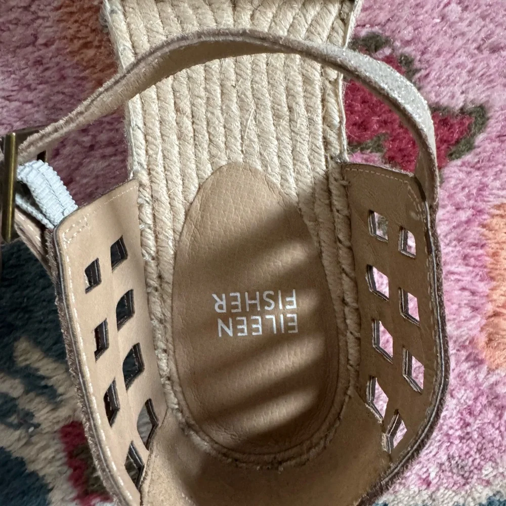 Eileen Fisher Silver Cutout Espadrille Sandals with Jute Platform